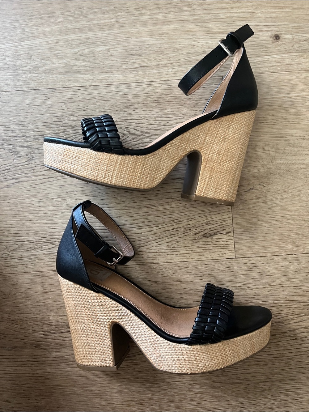 DV by Dolce Vita Black Woven Front Ankle-Strap Wedge Sandals